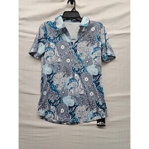 Zhenwei Womens Paisley Polo Shirt Blue Cotton Blend Casual Size Small